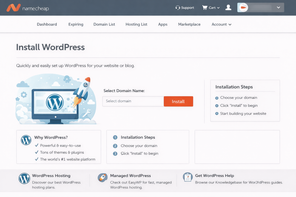 Home 5 Install WordPress on Namecheap dashboard